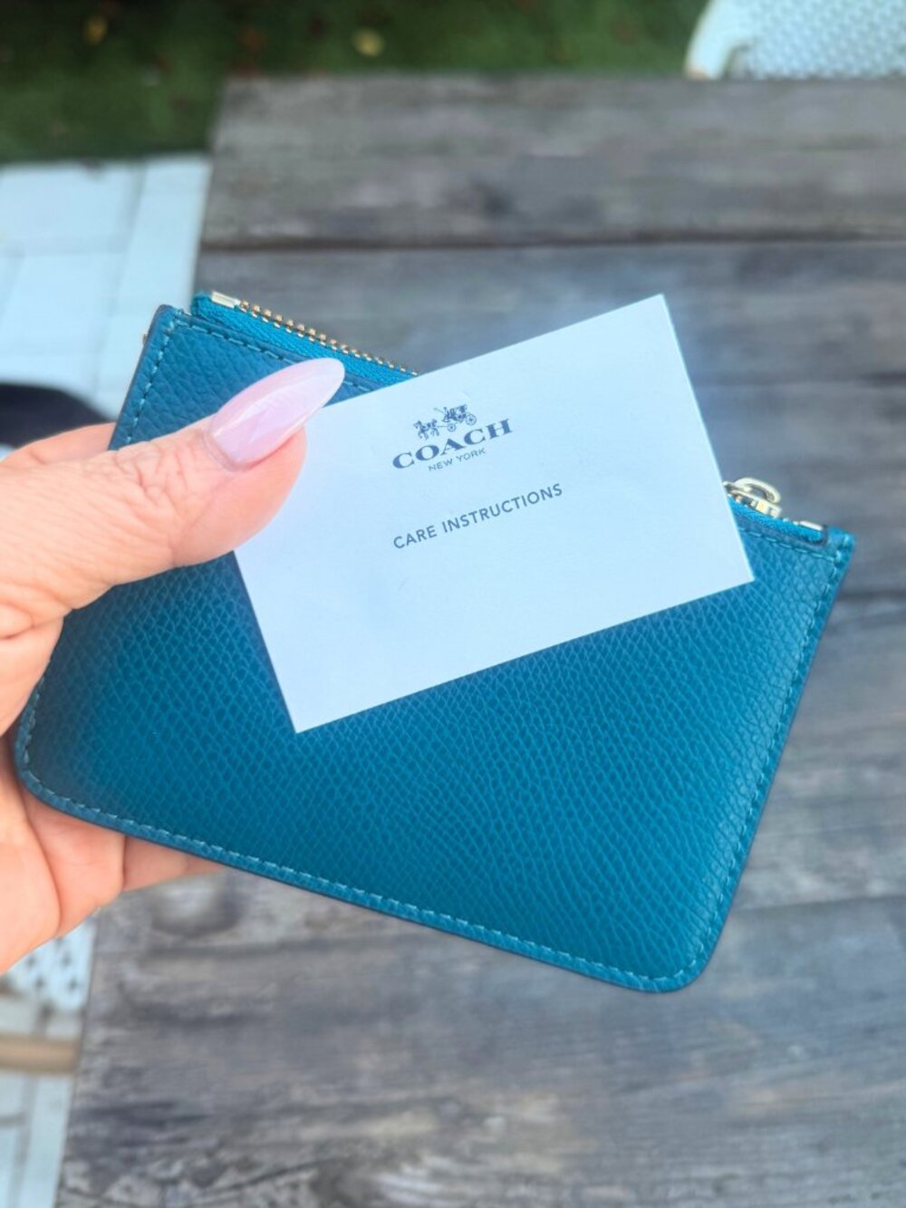 Coach Turquoise Pebble Leather Keychain Mini ID Wallet Skinny Card Case NWOT - Picture 5 of 6